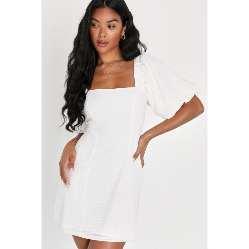 Lulus Strolling The Seine White Plaid Burnout Puff Sleeve Mini Dress - Size S